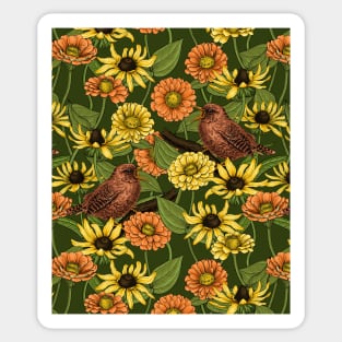 Wrens and flowers on green Sticker